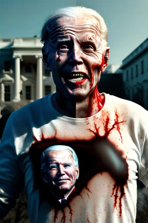 Ultra realistic image, joe biden zombie, zombie performance, skull, grey eyes, blood, torn arm, night, walking twisted, waist up view, thriller style, dark ambient, highly detailed, White House background, concept art, unreal engine 5, god rays, ray tracing, RTX, lumen lighting, ultra detail, volumetric lighting, 3d, finely drawn, high definition, high resolution.