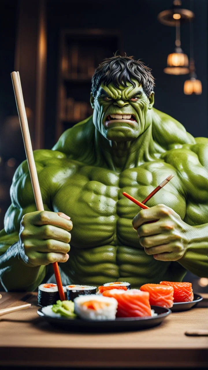 a hulk eating sushi with chopsticks, quality, full, raw photo, 8K UHD, police