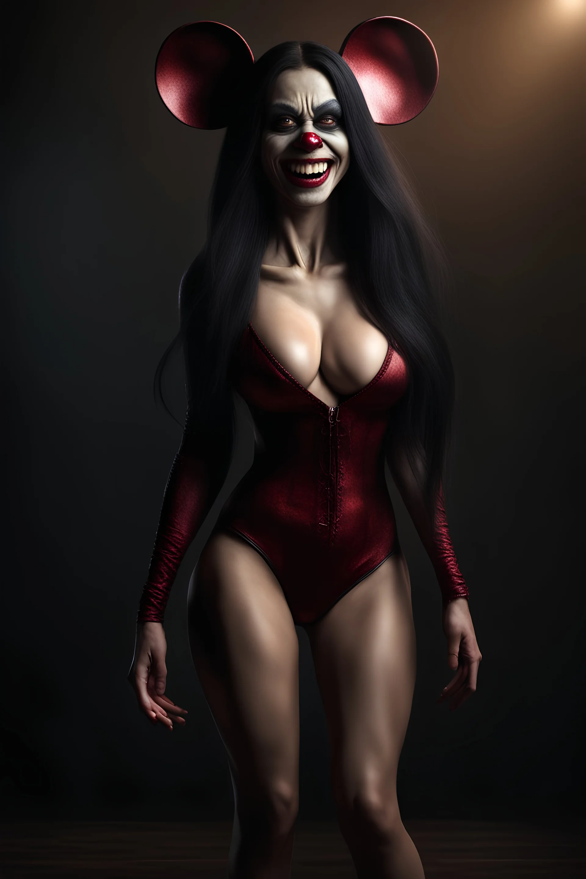 inspired by all the works of art in the world - laughing - Millie Miller, an extremely tiny, thin, voluptuous beautiful mickey mouse-faced vampire werewolf zombie female with long, black hair, full body image, wearing a skinsuit, Absolute Reality, Reality engine, Realistic stock photo 1080p, 32k UHD, Hyper realistic, photorealistic, well-shaped, perfect figure, a multicolored, watercolor stained, wall in the background, hickory dickory Clock