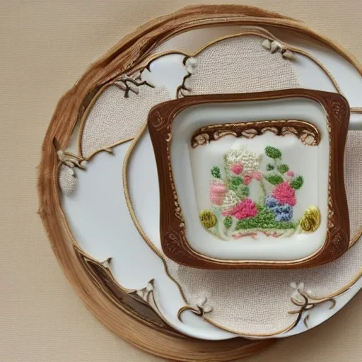 exquisite whimsical tea set in embroidery hoop, intricate, highly detailed, linen and wood backdrop