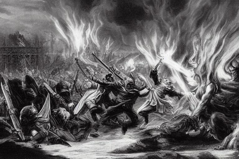 Priest smites demon with fire, armies battling in the background, romanticism.