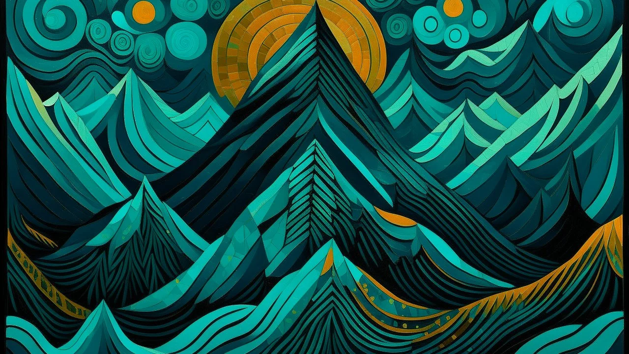 A dark teal mountain in expressionism art style designed in Kuna molas painted by Johannes Vermeer