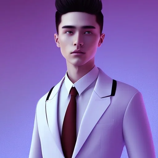 man, cute face, white highlight hair, brown eye, white, skin, purple suits, futuristic, science, purple, blue, dark pink background lighting, technology, profile, asian boy, square face, light orange