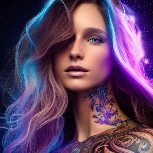 "perfect long-haired woman, full face tattoo of fractal art and galaxies extending past face and morphing into reality, 8k resolution, high-quality, fine-detail, intricate, digital art, volumetric lighting, octane render