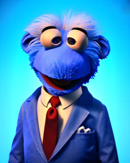 Waist up Portrait, joe Biden as muppet Sesame Street, Blue suit retro style, photo studio, city background, unreal engine 5, concept art, art station, god lights, ray tracing, RTX, lumen lighting, ultra detail, volumetric lighting, 3d.