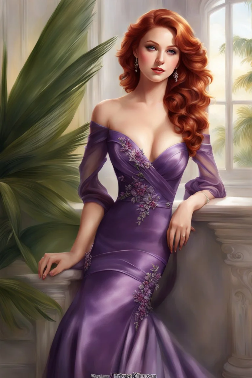 elegance, beautiful woman, 18 years old,front view, tiny, luxuriant, center, single luxuriant purple dress, red hair, render indoor palm, white background,32k, ultra high definition,realistic, white background, clipart, thomas kinkade, blushing, masterpiece, unique, breathtaking, Best Artist, Cinematography, Soft Lighting, Cute and well loved, Creative, Ultra detailed