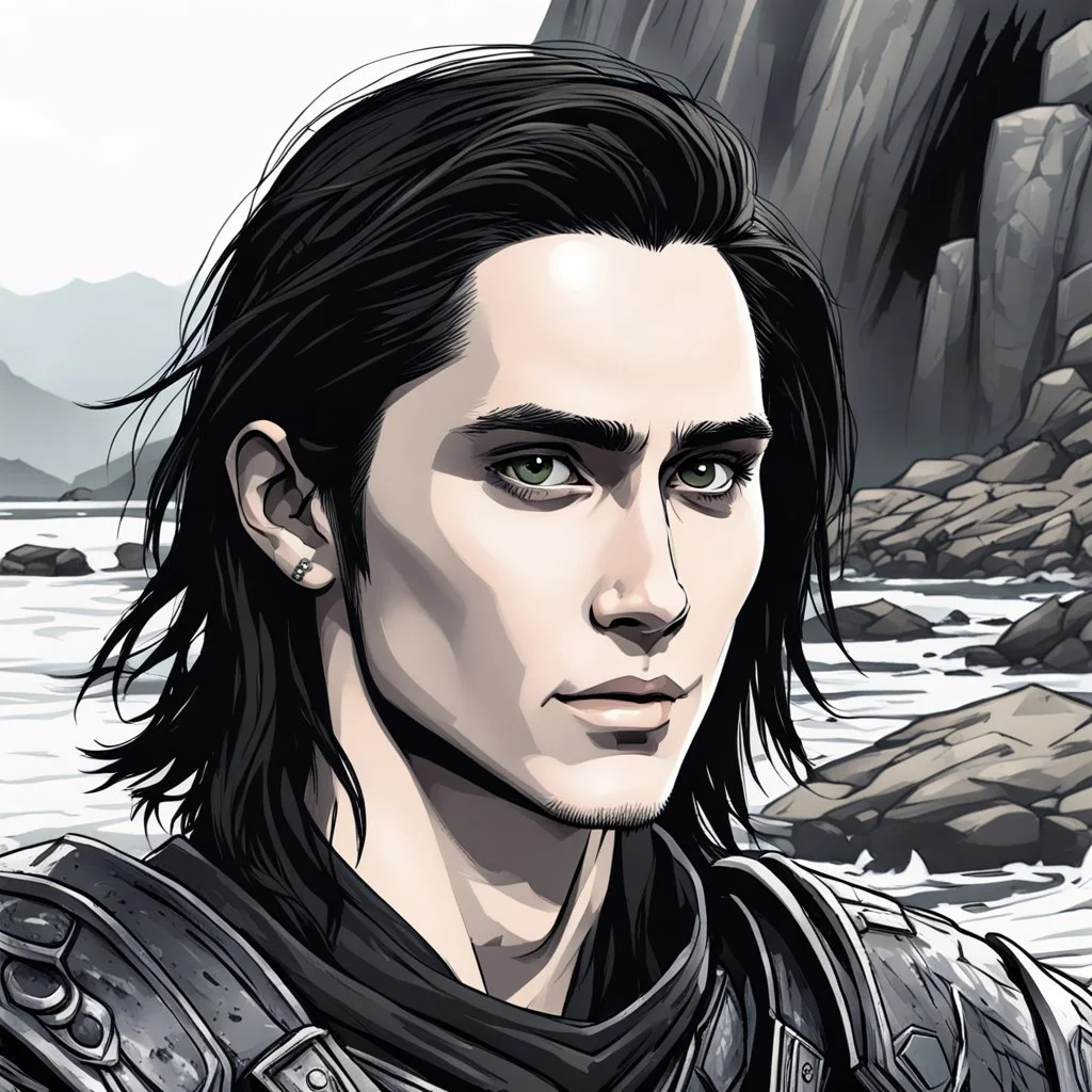 A portrait of Jared Leto in his early 30s, long beachy haircut, black hair, on a rocky island, in ebony armor from Skyrim, melancholic and dangerous facial expression, half-smiling, drawn in the style of ink manga sketch