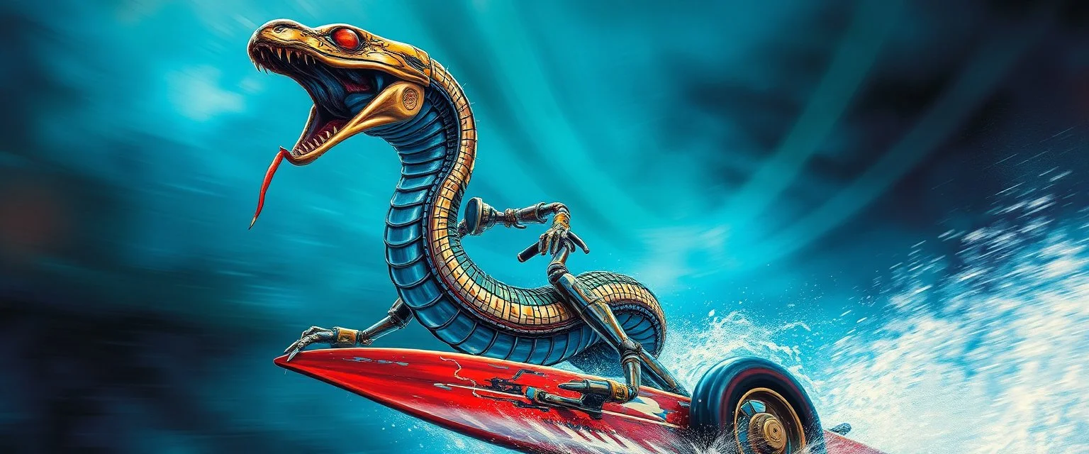 airbrush and pen outline, master oil painting by Rembrandt, chrome mega snake man viggo sandvik as insane eel wild ginger robot on surfboard boat trike , goa trance glitch poster, background motion blur, volume fog with light rays