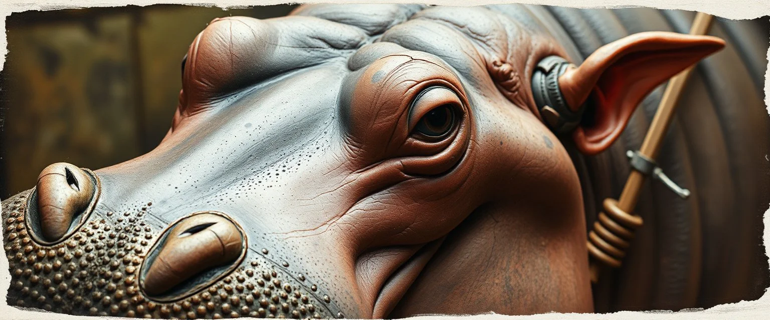 airbrush and pen outline, french art , extreme close up on hippo farmer elf family scumbag , pinhole cam, airbrush 3d rendering, in the style of Titian and Rembrandt , torn edges on border