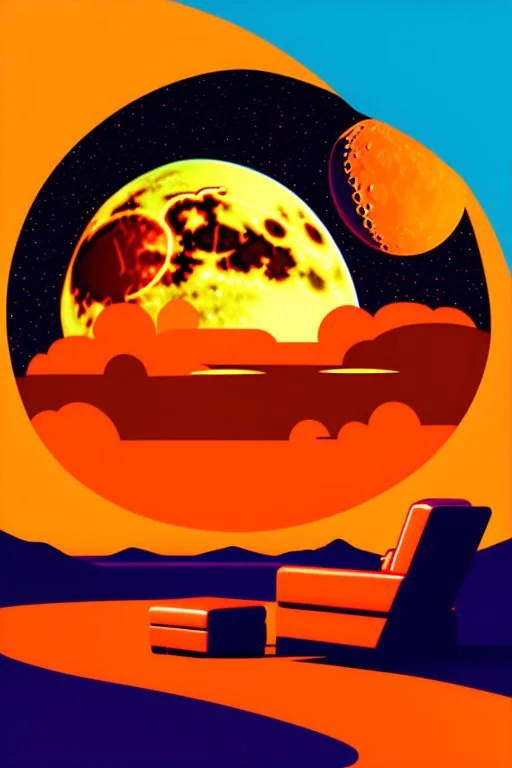 simple digital art scene, Elon musk sitting on the moon on an orange couch, beer in hand ,eating popcorn, looking unamused at planet earth,. selective colours