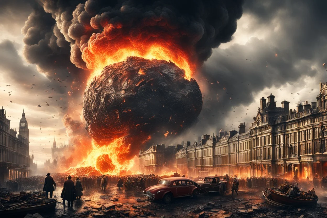 create a wildly imaginative otherworldly, chaotic total destruction of Victorian London amidst a swirling firestorm from a super massive asteroid impact, highly detailed, digital composite, 8k,