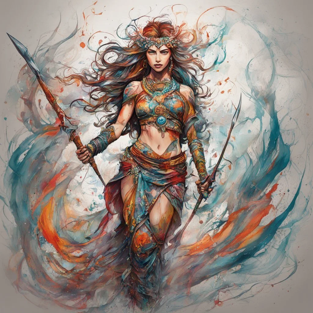 create an abstract expressionist full body illustration of a deeply spiritual, ethereal, darkly magical, epic nomadic tundra huntress with highly detailed and deeply cut facial features, searing lines and forceful strokes, precisely drawn, inked, with rich striking colors