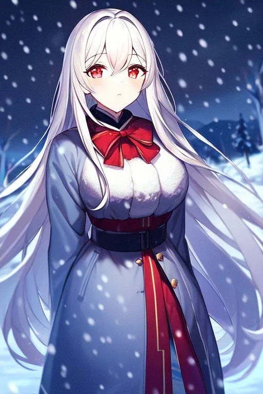 girl, masterpiece, best quality, cinematic lighting, detailed outfit, vibrant colors, perfect eyes, white long hair, vibrant red eyes, snowing, winter clothes,