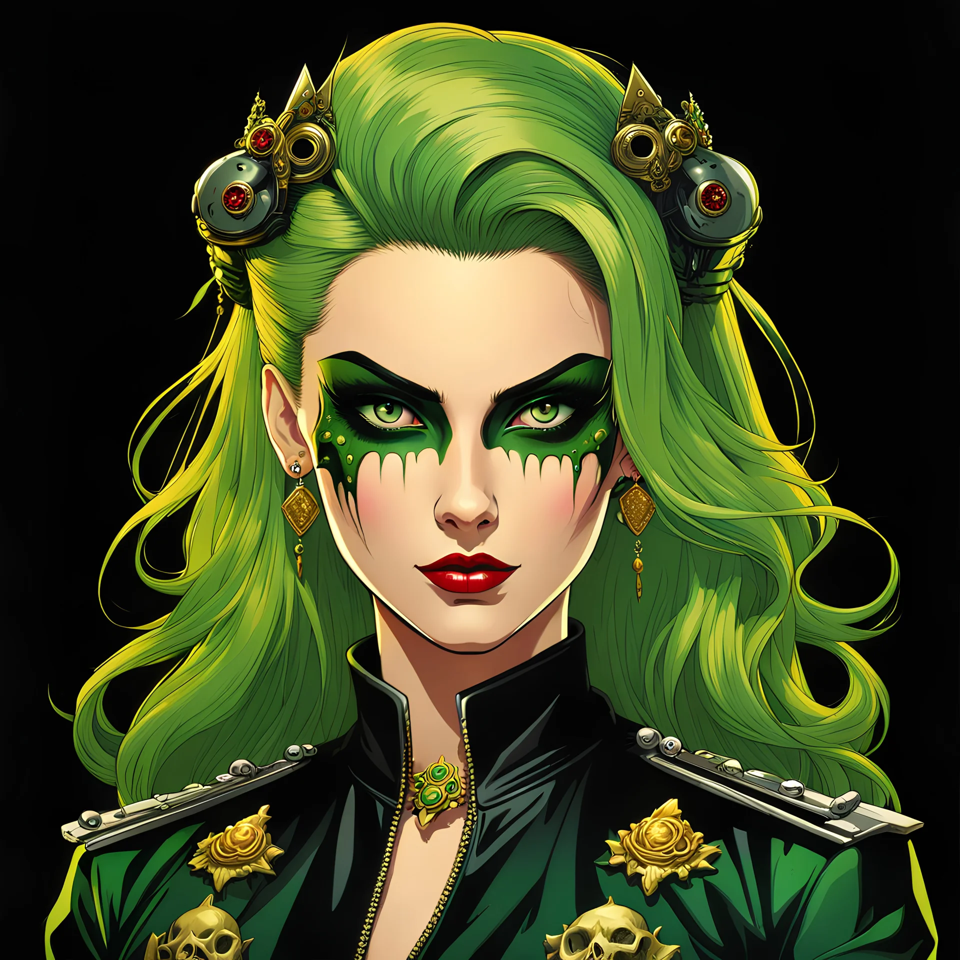 profile picture,2dcg,retro art style,golden and green color,princess hair cut ghoul biker lady,pure black color background,gore,violence,Decapitation,dismemberment,disturbing,Monster,guts,morbid,mutilation,sacrifice,butchery,meathooks,no hands,do not draw hands