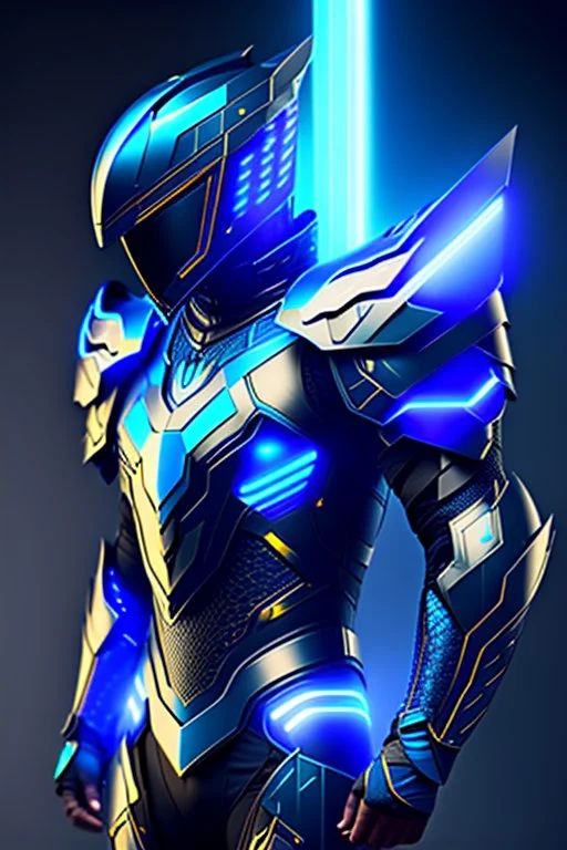 neon blue, flying parts of armor in form of triangles, cyber armor, geometric patterns on armor, male, orbiting triangle