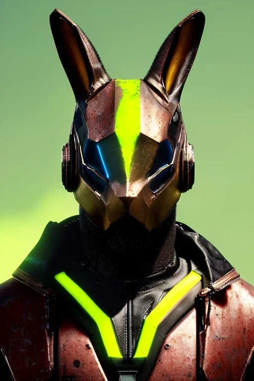 Medium Close Up Portrait, Front image. cyberpunk, rabbit mask helmet, strong man, titanium hair. Latex suit. Brown, yellow, color. Rocketer style. Color background, photo studio. Avatar image, highly detailed, concept art, smooth, unreal engine 5, ray tracing, RTX, lumen lighting, ultra detail, volumetric lighting, 3d, finely drawn, high definition, high resolution.