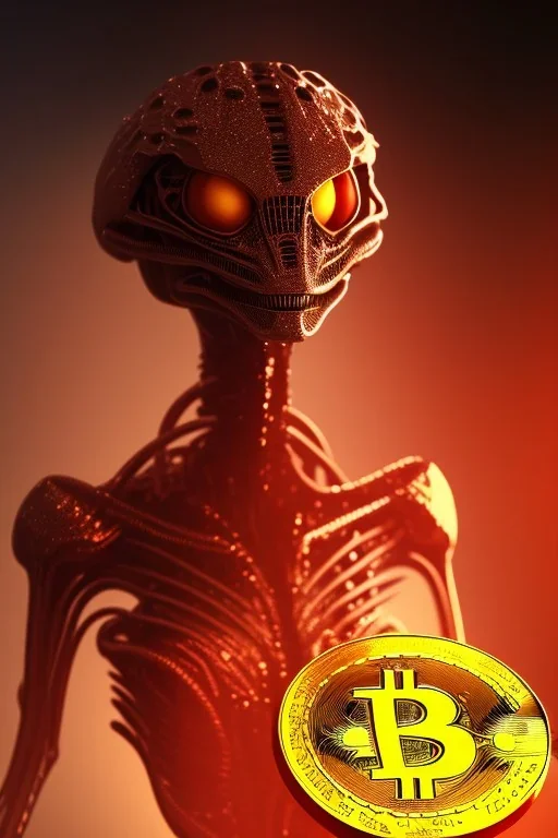 bitcoin alien, Fire theme art, Dark moody night atmosphere, , 8K, close-up face, anatomically perfect face