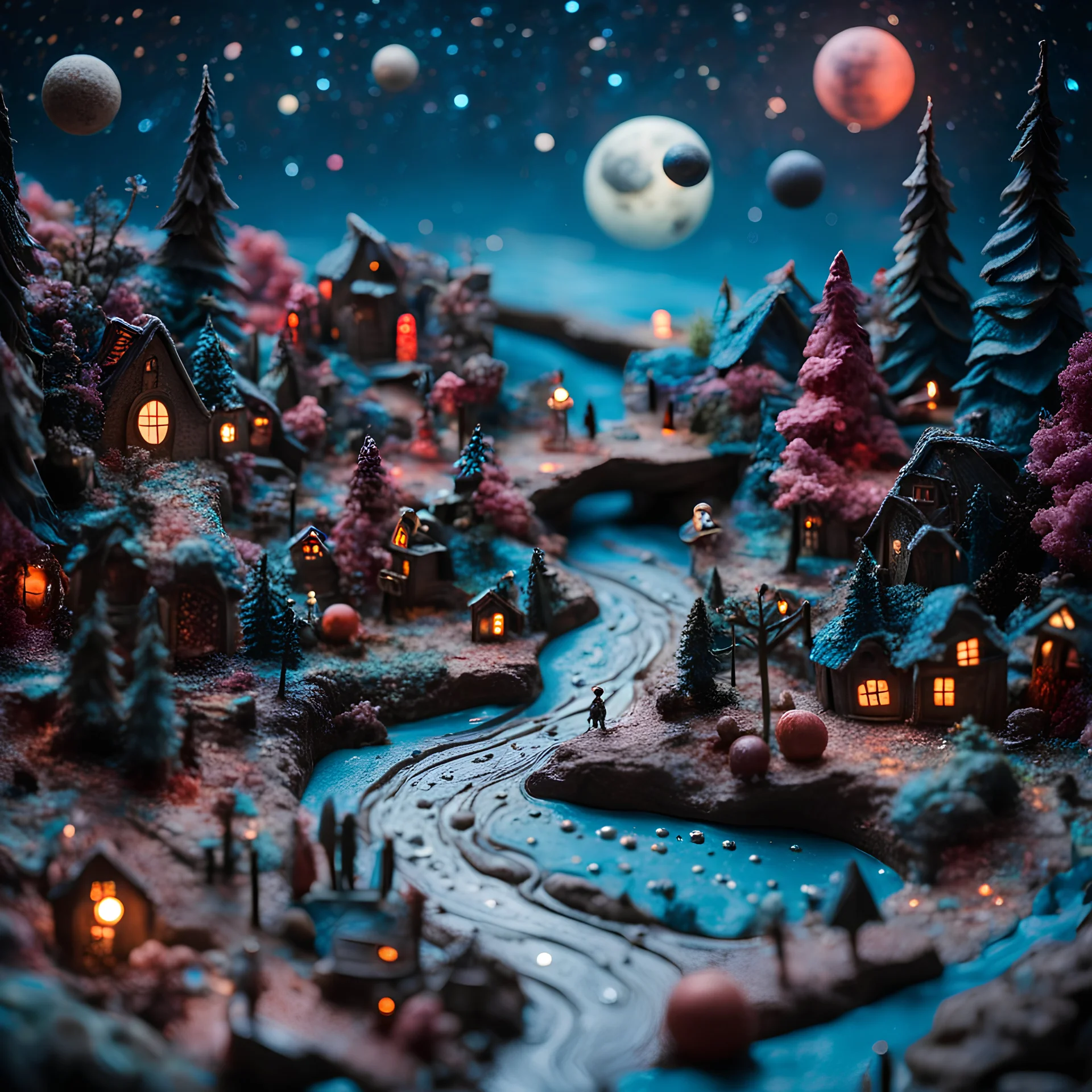 Detailed creepy landscape made of modeling clay, river, people, village, stars and planets, naïve, Tim Burton, strong texture, extreme detail, Max Ernst, decal, rich moody colors, sparkles, bokeh