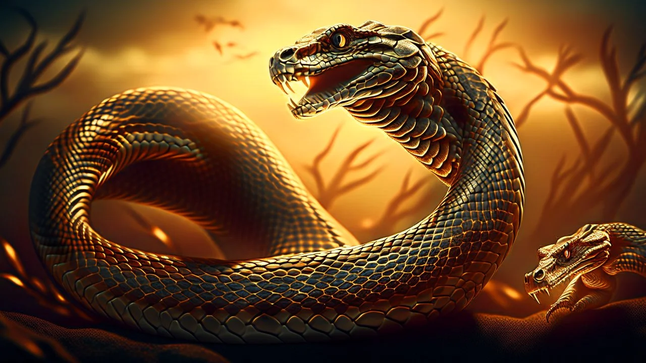 python facing a dragon scene, intricately detailed faces, long shot, professional photography, a breathtaking background, natural environment, cinematic side light, shot on DSLR 64 megapixels sharp focus, canon lens, realistic, concept art, 16k resolution