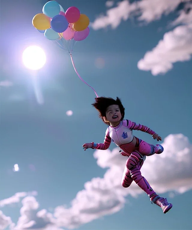 Ultra realistic clouds sky scene, wide angle, sweet childs falling down, inflatable color clothing, free jumping flying, many trinkets, monster hair, hair monster, many jelly beans, balls, smile, happy, circus style, extreme, wind, clouds sea, 20,000 feet altitude, stratosphere, soft color, highly detailed, unreal engine 5, ray tracing, RTX, lumen lighting, ultra detail, volumetric lighting, 3d, finely drawn, high definition, high resolution.