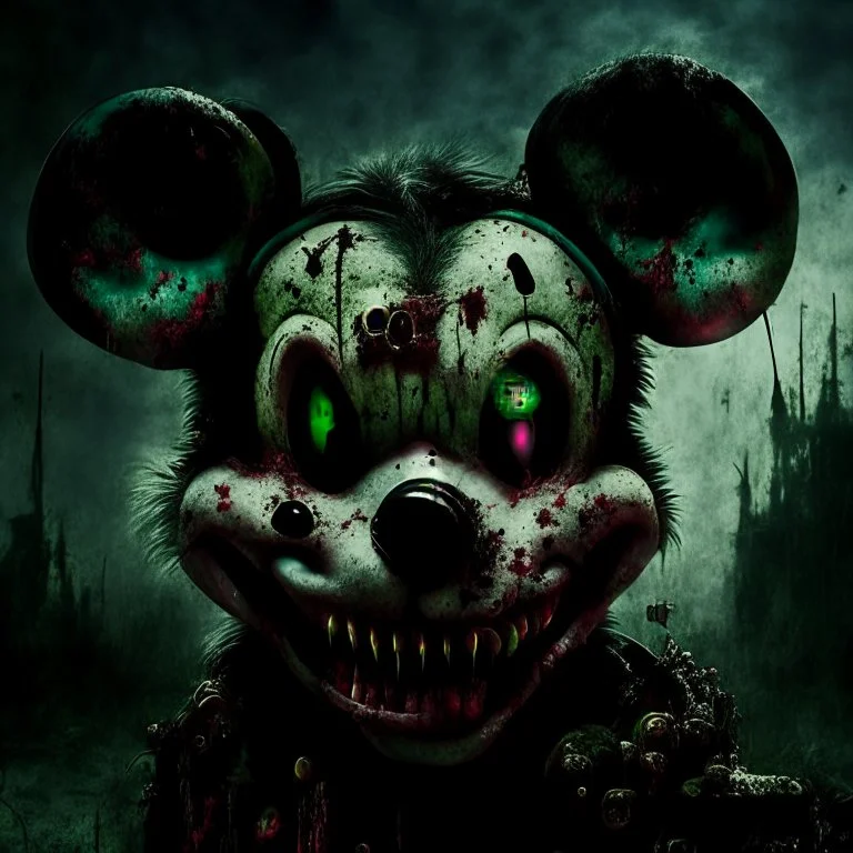 zombie mickey mouse hybrid, photorealism, movie screen capture, horror, sci-fi, evil, hungry, rotted