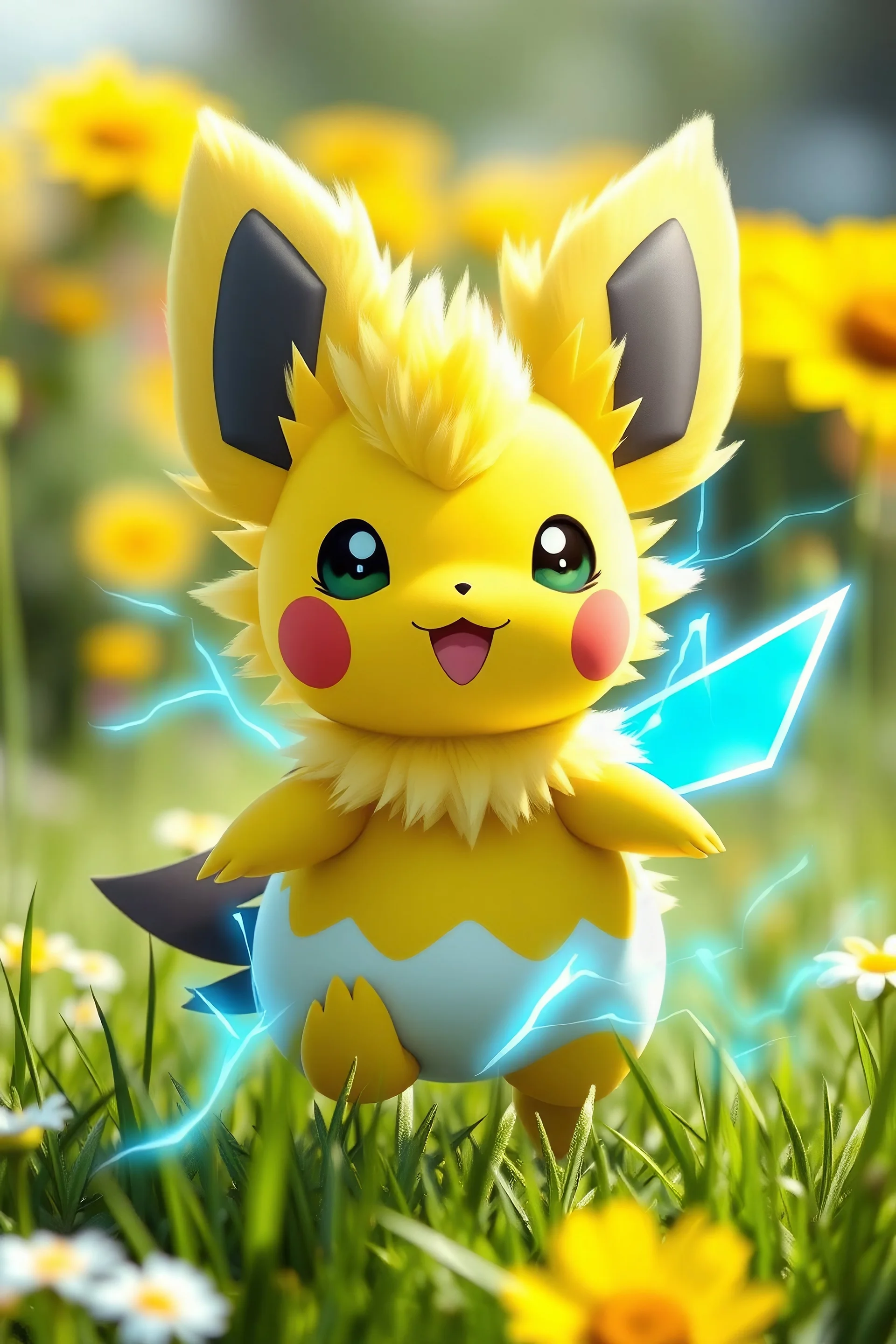 An energetic cross-breed between Togepi and Pichu, full body with spiky egg-patterned fur and blue electric sparks, in a bright, summery meadow, photorealistic, high definition, perfect clarity, ArtStation quality.