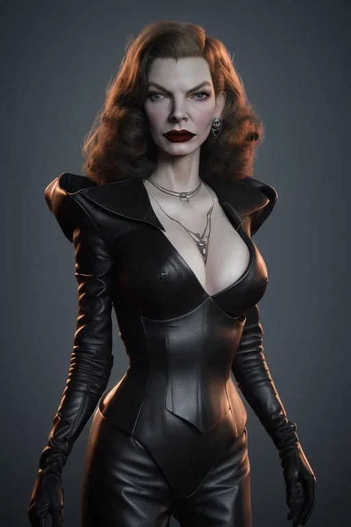 Lauren Bacall as evil queen in black leather, leather, busty, cleavage, angry, stern look. character design by cory loftis, fenghua zhong, ryohei hase, ismail inceoglu and ruan jia. unreal engine 5, artistic lighting, highly detailed, photorealistic, fantasy