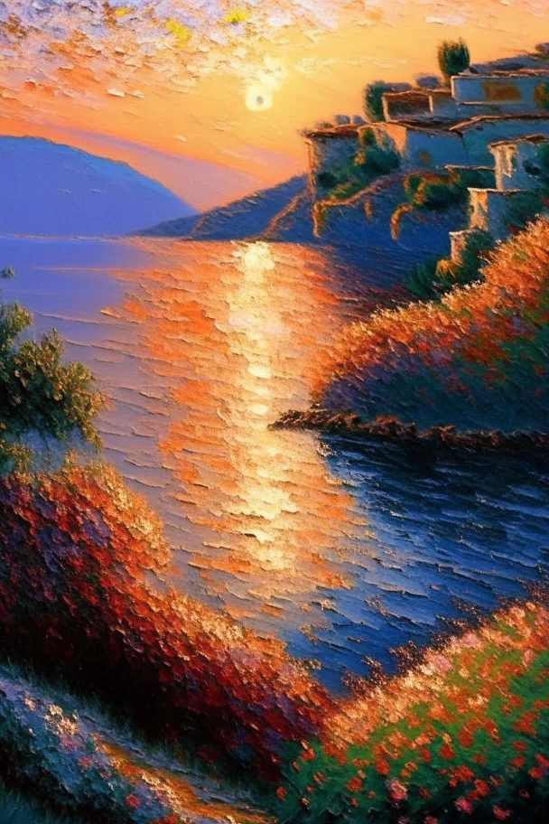 Greece landscape oil painting, detailed Claude Monet, detailed, sunrise