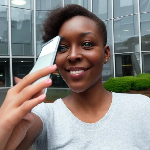 A short haired, black female software engineer taking a selfie in front of Building 92 at Microsoft in Redmond, Washington