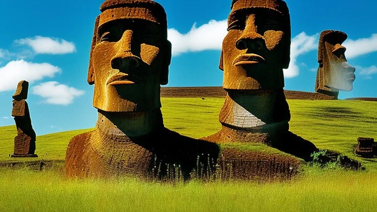 calm beauty, fantasy, magic, splendor, uplifting, inspiring, therapeutic, Easter Island stone statues with faces, some wearing spectacles, some with vegetation beards, mustaches, hair, springtime, sunlight, chiaroscuro, color, award-winning colour photograph, Nikon 135mm, style Disney, style Salvador Dali