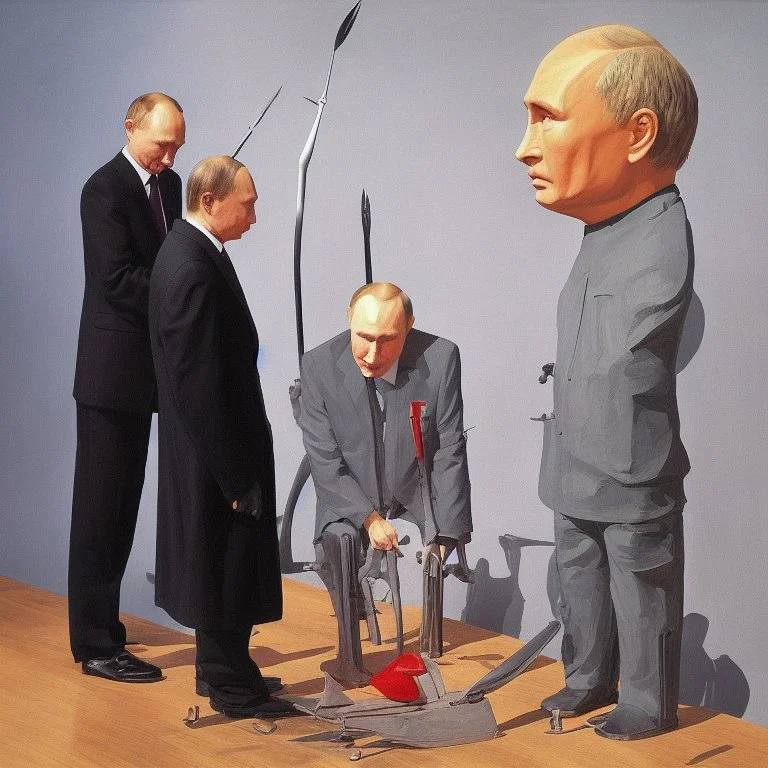 Putin Looking At A Statue Of Xi Jinping,complex surgical instruments,a sickle intermixed with a Axe, prosthetic legs,minimalism,Painting By Adrian Ghenie,Lucian Freud,Rene Magritte,Salvador Dali