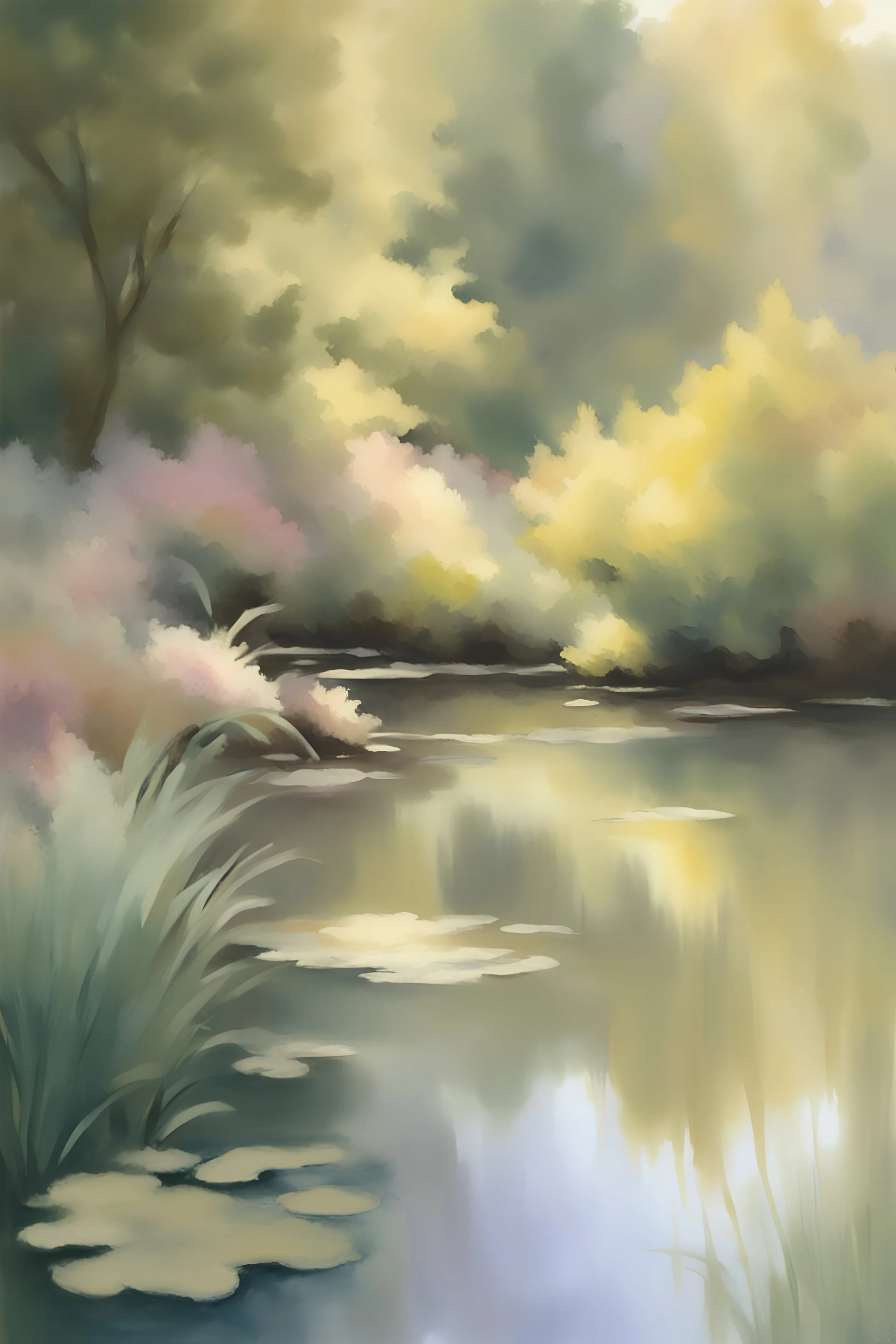Generate an impressionist-style watercolor oil painting of a tranquil pond. Use brushstrokes to blend colors, capture the play of light and color, and put in a warm glow of dappled sunlight