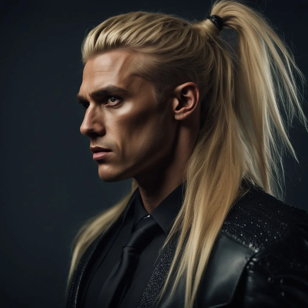 portrait of a malavolent stunningly handsome male aged 25, muscular, long blonde hair, wearing a dark suit, angry expression,4k, modern fantasy