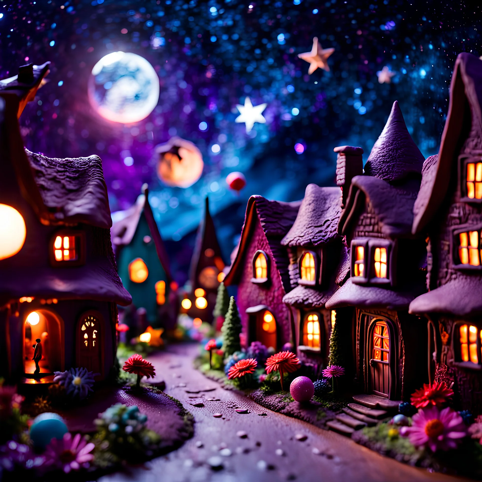 Detailed people, creepy street made of modeling clay, village, stars, galaxy and planets, sun, volumetric light flowers, naïve, Tim Burton, strong texture, extreme detail, Max Ernst, decal, rich moody colors, saloon, sparkles, Harry Potter, bokeh, odd