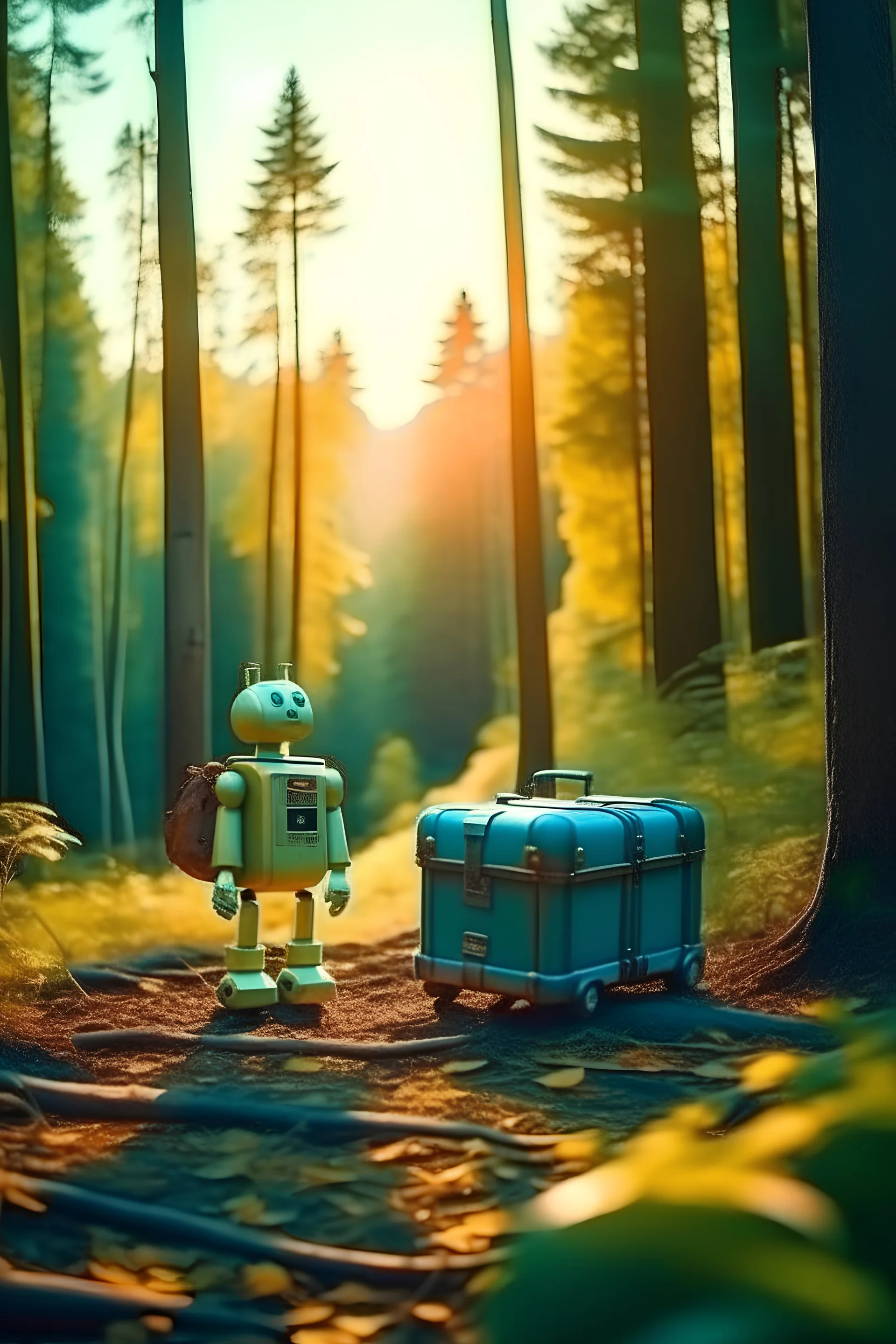 ANDROIDs with a suitcase in an forest with vintage colors and serene atmosphere, bright colors, at sunset, MEDIUM SHOT, 35 MM