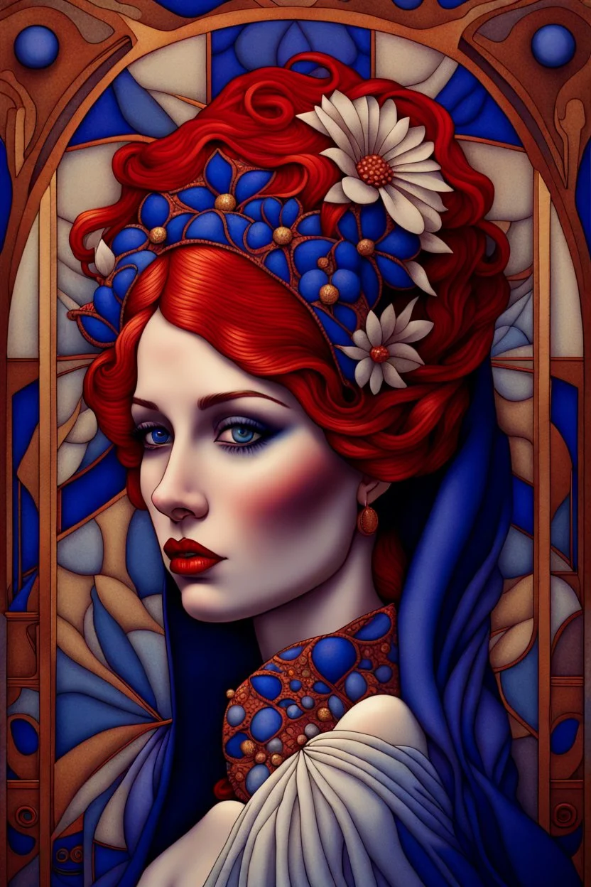 3D image, a beautiful art deco bride with red hair, white and blue veil, beautiful eyes, red lips, blue flowers, bold gold, sensuality, fantastical surrealistic, elegant, beautiful high definition acrylic art, sunrise, watercolor patchwork, Daniel Merriam style, Ivan Bilibin, Ernst Haeckel, Jean-Baptiste Monge, Picasso, Caspar David Friedrich, Jacek Yerka, Richard Dennis, Joe Fenton, Andree Wallin, İsmail İnceoglu, Wassily Kandinsky, Thomas Kinkade, line art, artstation, extremely detailed, intr