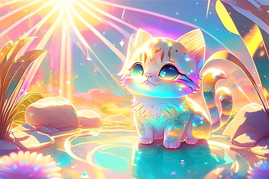 cute chibi cat in holographic paradise in sunshine