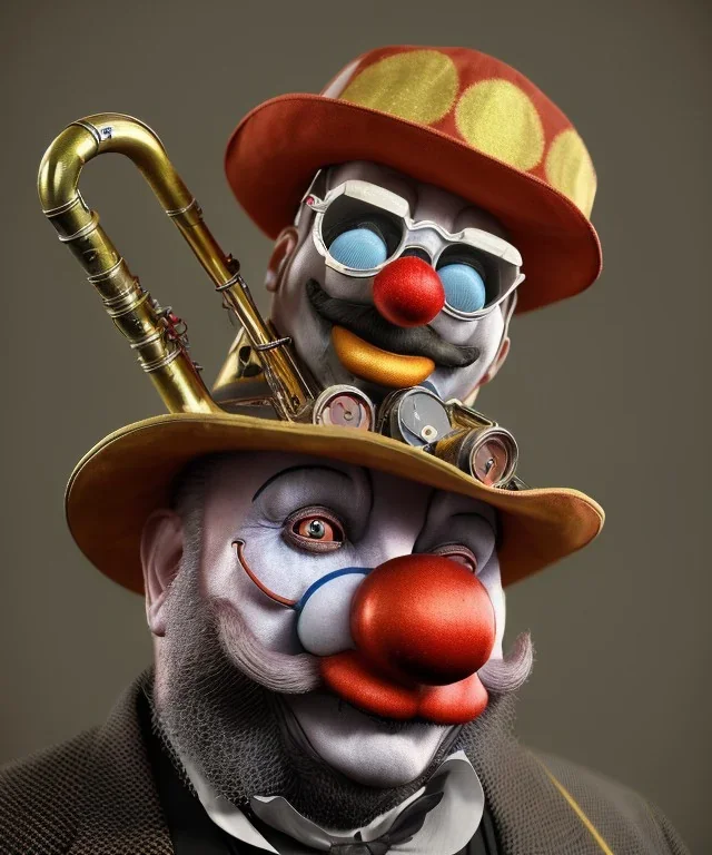 mechanoid old friendly fat clown with trimmed beard playing jazz with a steampunk theme, trumpet, realistic