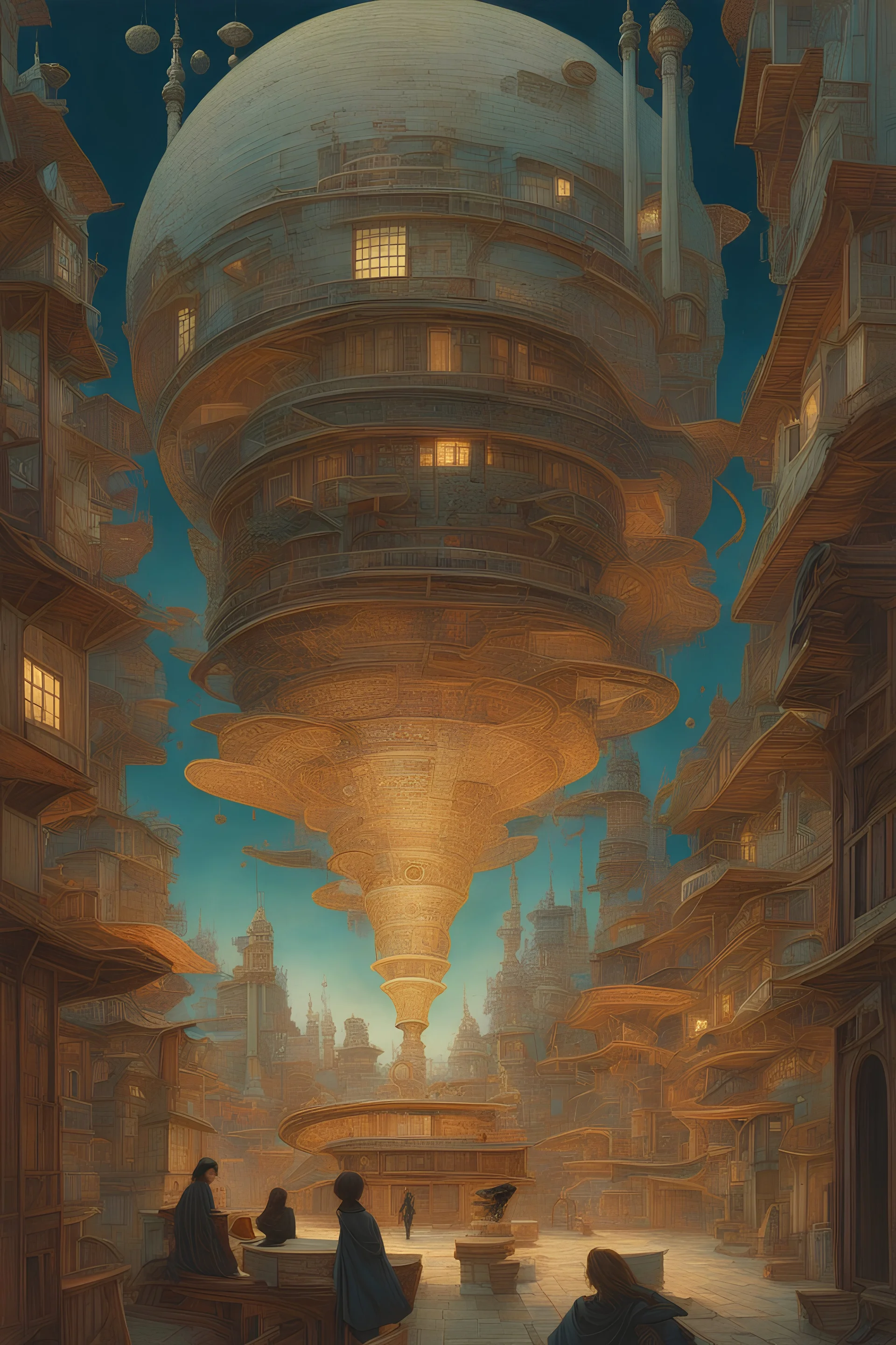 Wylie Beckert, Max Ernst, Surreal, mysterious, strange, fantastical, fantasy, Sci-fi, Japanese anime, ideal city in the attic, Jiyama's spiral device, beautiful girl, perfect voluminous body, thinking giant, detailed masterpiece