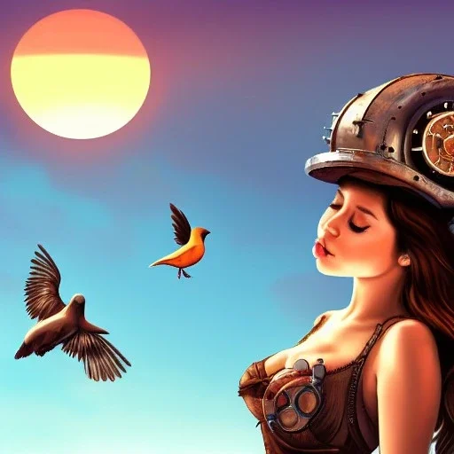 great illustrator, spanish, realistic rendering of a cute spanish girl kissing a small robotic bird, beautiful, steampunk style. Helmet with tubes. Machinery in the background. robotic bird flying. High details. 4k. unreal engine, sunset