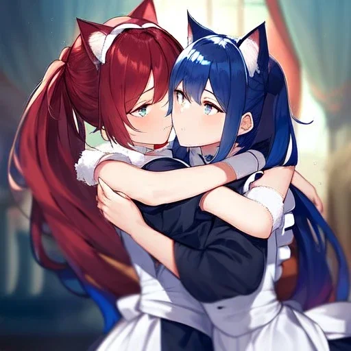 Clear Focus, High resolution, wearing a maid uniform, fluffy hair and a long ponytail, blue hair, cat ears, meowing, hugging another girl with red long fluffy hair also wearing a maid outfit