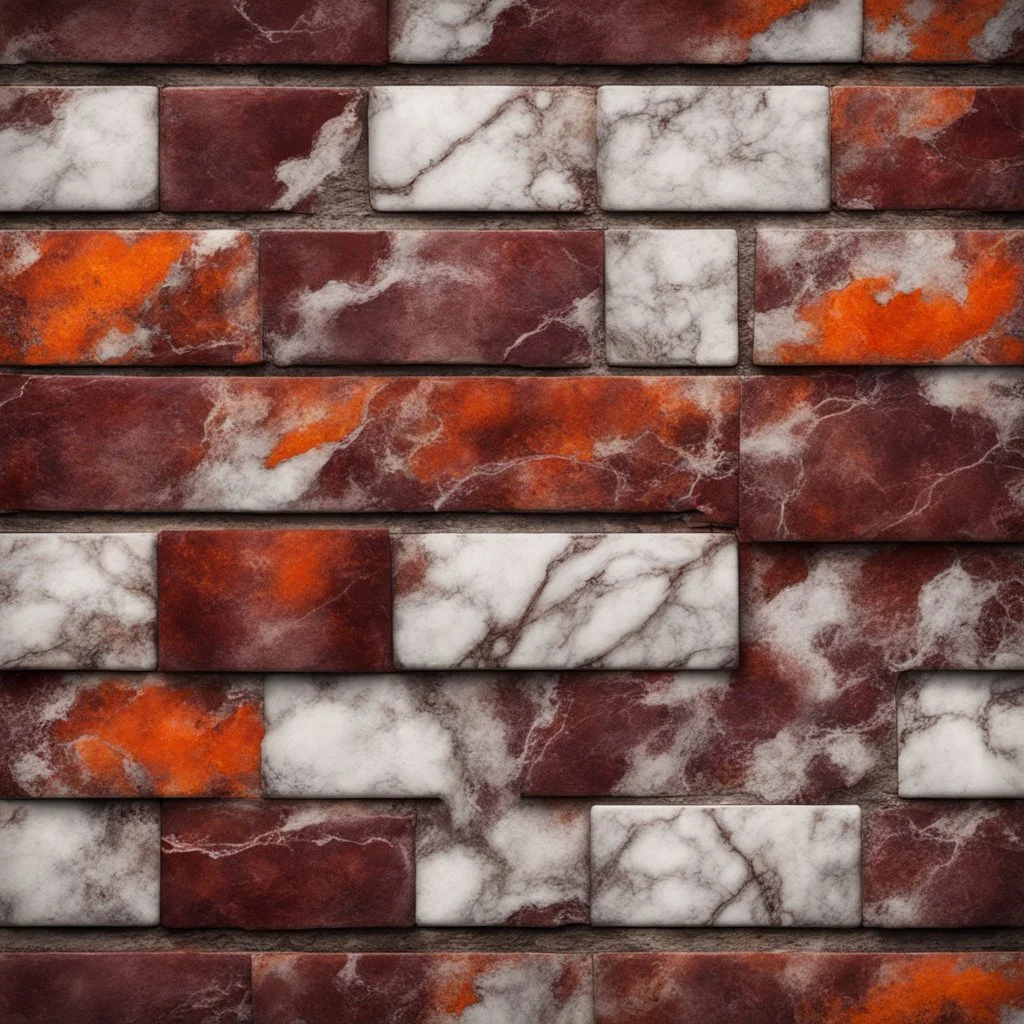 Hyper Realistic marble patterns on dark brown bricks maroon & orange on rustic grungy background with vignette effect