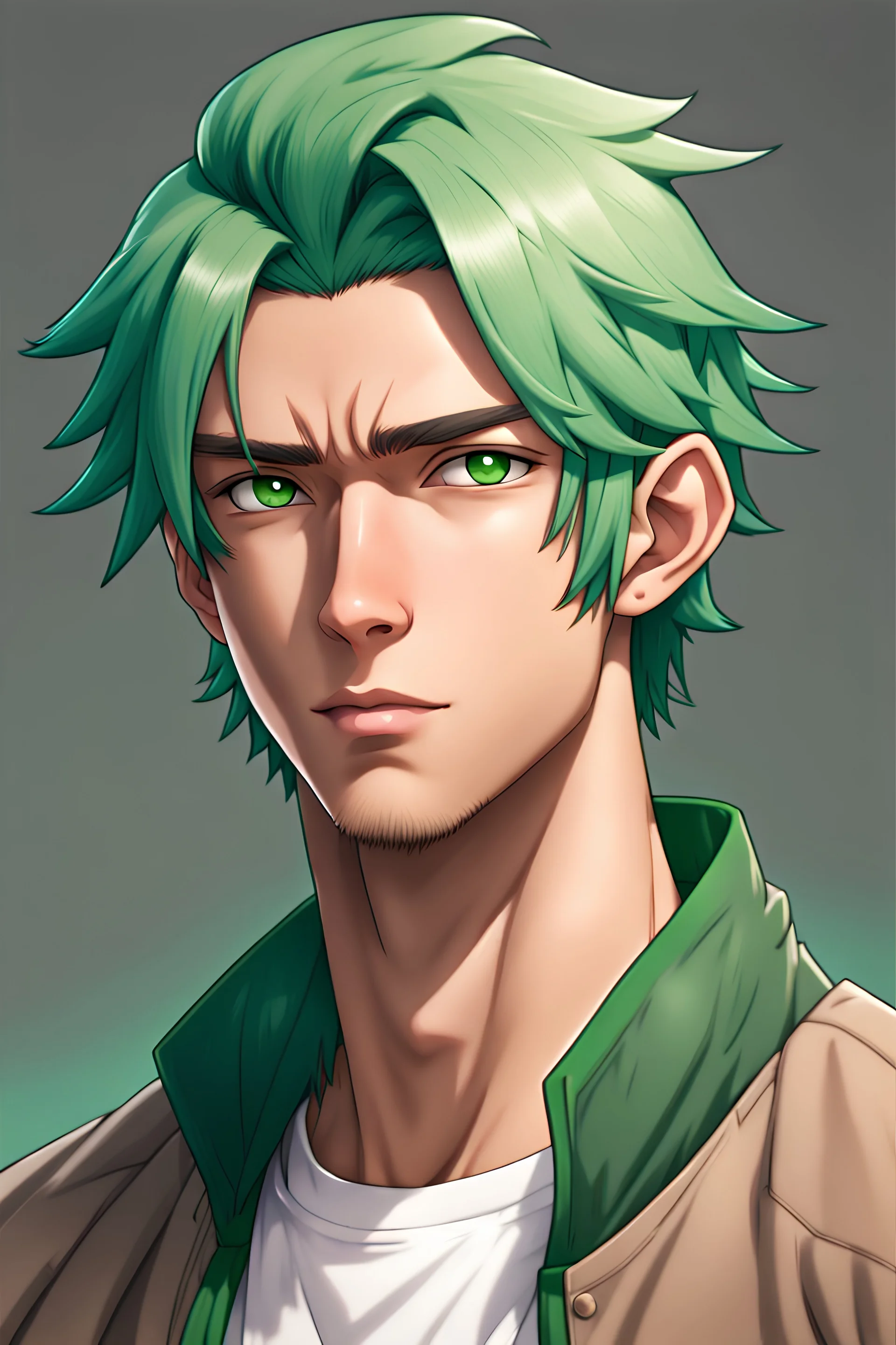 Anime tan-haired and green-haired, light-skinned casual male portrait, 8K resolution, high quality, ultra graphics, and detailed with lines.