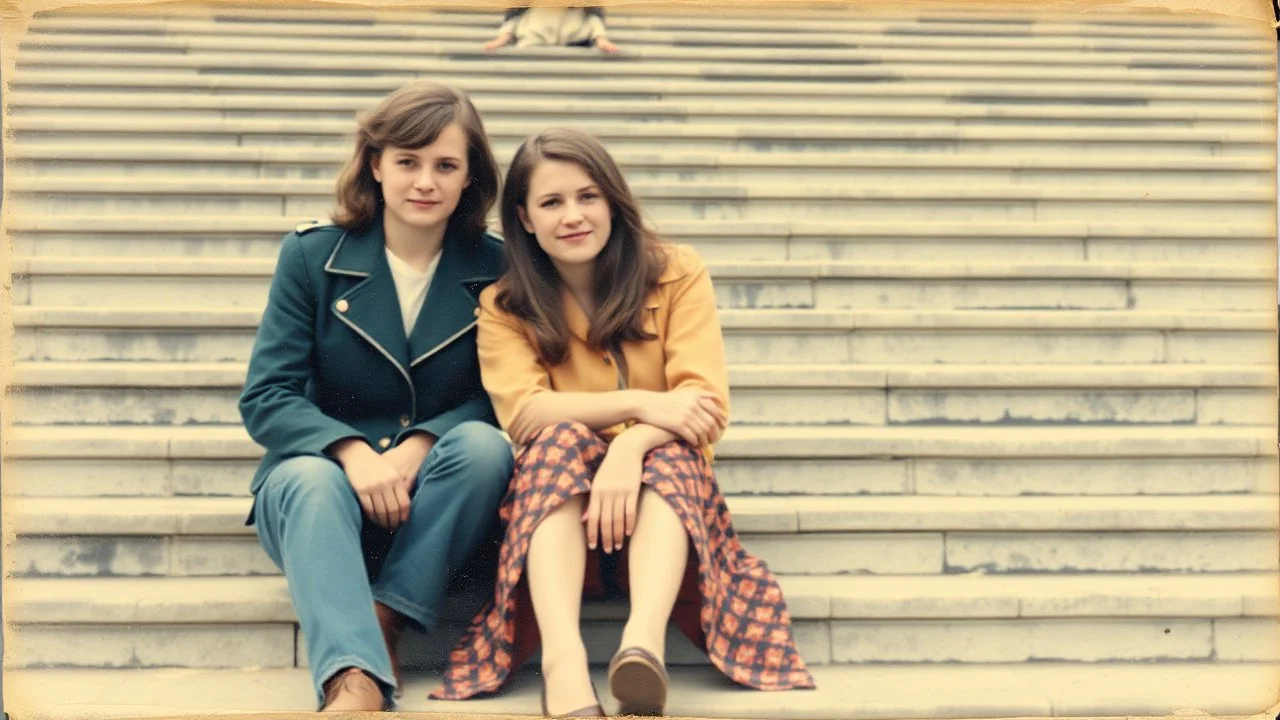 retro photo of a young couple in 70s style clothes sitting on the lower steps of the Danube stone embankment stairs in Budapest , the photo is old, stained and scratched in some places, one corner of the photo is missing, the girl's and the boy's faces are blurred and not clearly visible, behind them are many stairs