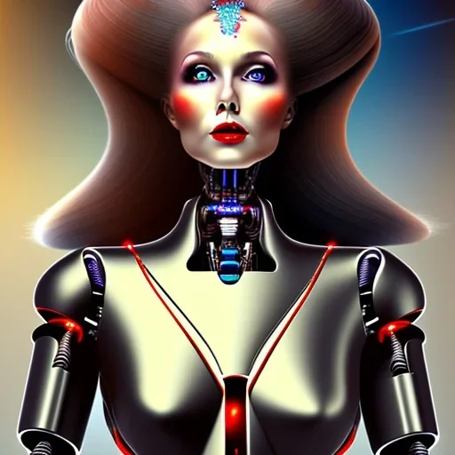 black long hairs smiling lady robot top on Mars