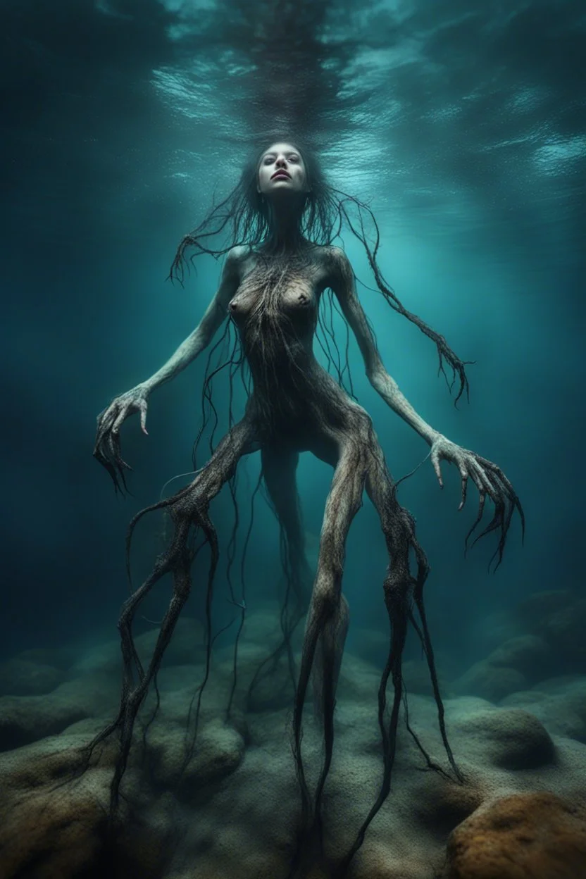 Underwater, girl, fullbody, his skin turned translucent revealing a network of black veins that extended like roots, ragged clothes, many legged slimy creature with creepy spindly legs, 8k, macro photography,