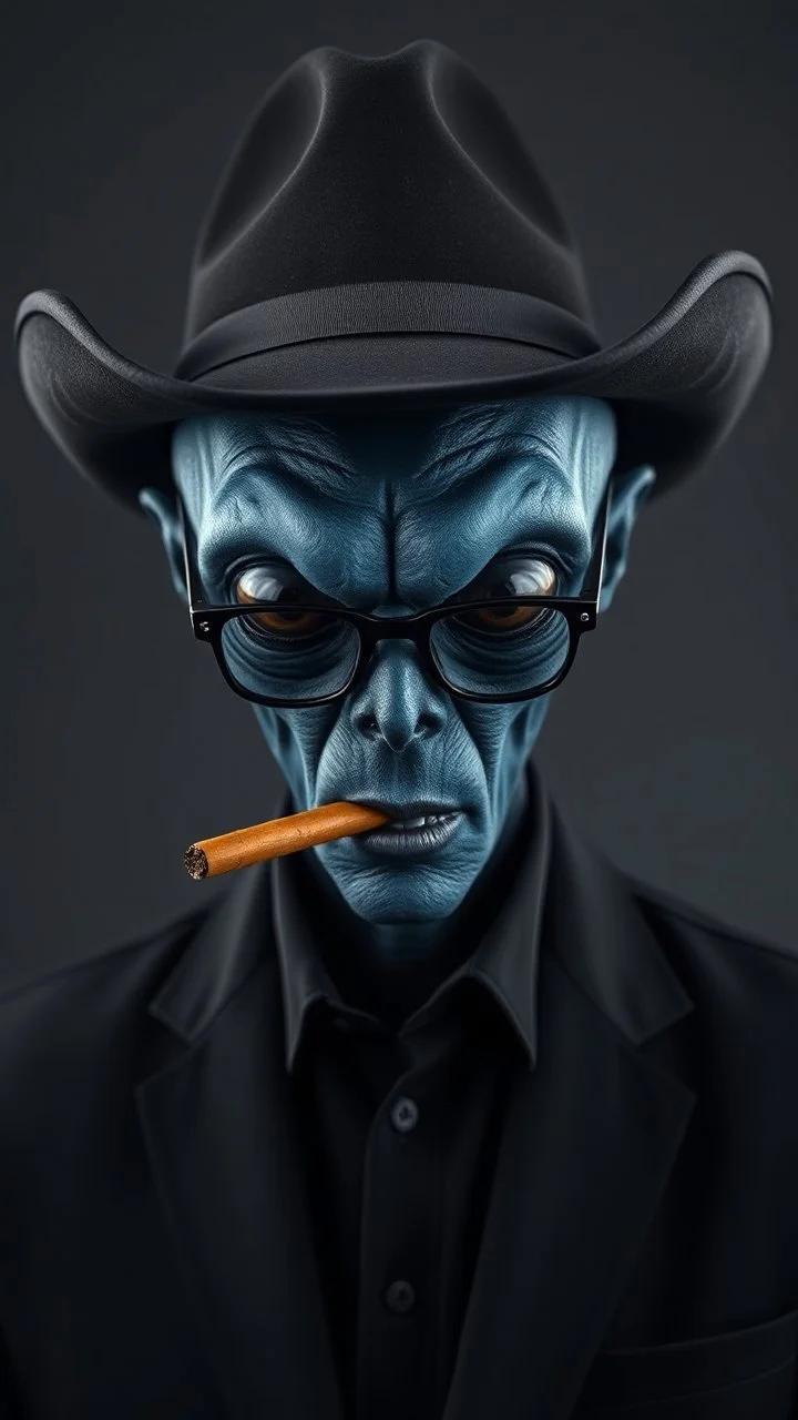 A man in black with a black cowboy hat and dark eyeglasses a body shot of a super blue skin alien, full head, old, looking at the camera, super big head, super big black eyes, small mouth, no ears, total black skin. photo real, hyperrealistic, high dynamic range, rich colors, lifelike texturesv, 8K UHD, high color depth. neutral dark background.with cigar in his month