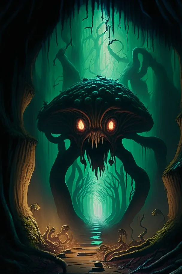 A frightening fungus forest dungeon hallway with a lumbering mushroom monster in the background