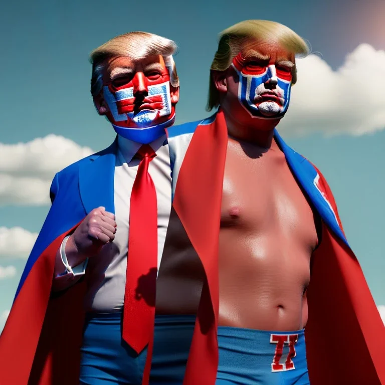 realistic image of donald trump as a mexican wrestling fighter posing outdoors, Mexican eyes wrestling mask, red and blue breeches, confederate flag cape, retro style, 80s, vibrant color, highly detailed, sky background, concept art, unreal engine 5, god rays, ray tracing, RTX, lumen lighting, ultra detail, volumetric lighting, 3d, finely drawn, high definition, high resolution.