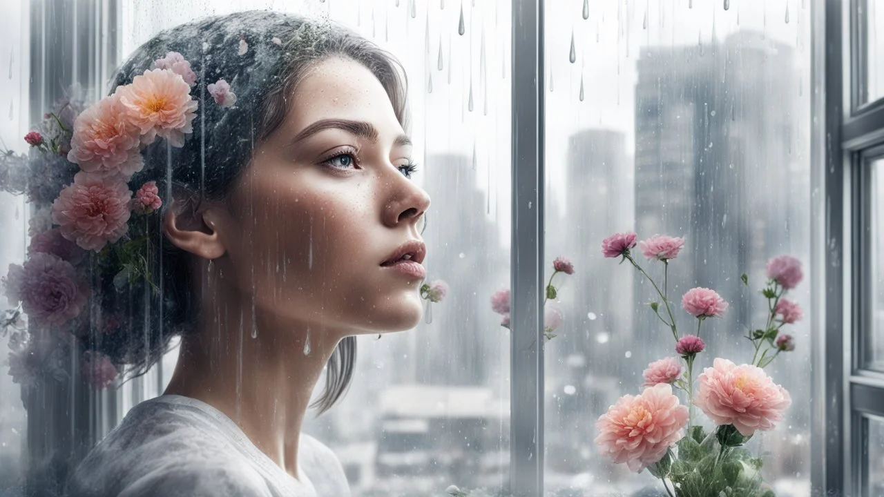 white background, Double exposure, woman, city, window, room, flowers, rain, detailed, fine rendering, high detail, high resolution, 8K,